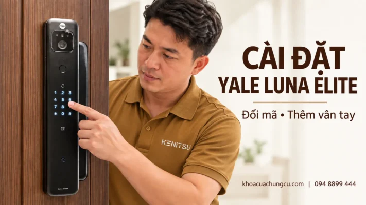 Minh họa kỹ thuật viên Kenitsu cài đặt khóa Yale Luna Elite trên cửa gỗ