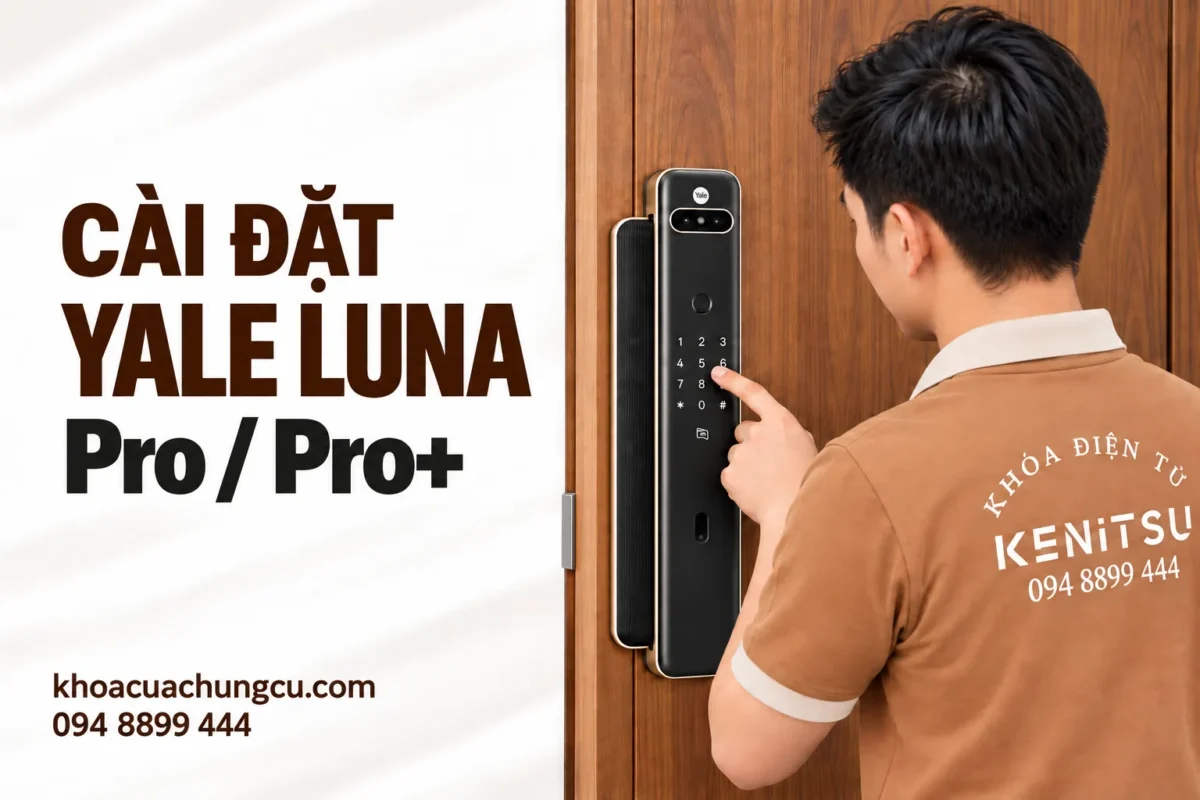 Kỹ thuật viên mặc đồng phục Kenitsu hướng dẫn cài đặt khóa Yale Luna trên cửa gỗ.