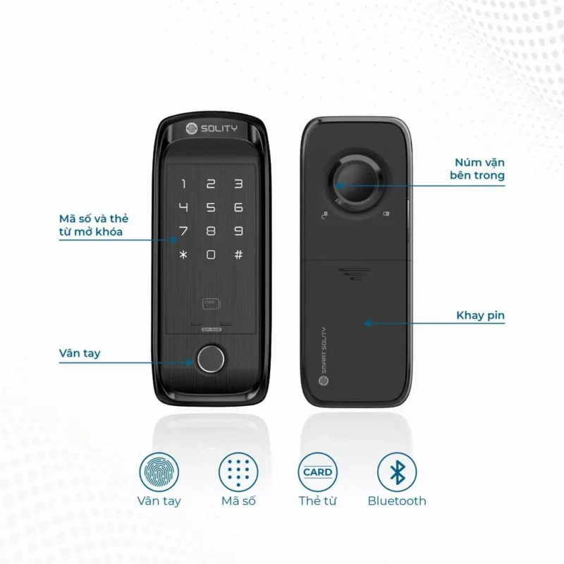 Cài đặt khóa Solity GA-60B, GA-65B: Hướng dẫn chi tiết 2 Mặt ngoài và mặt trong khóa Solity GA-60B với bàn phím, đầu đọc vân tay, núm xoay và nắp khoang pin.