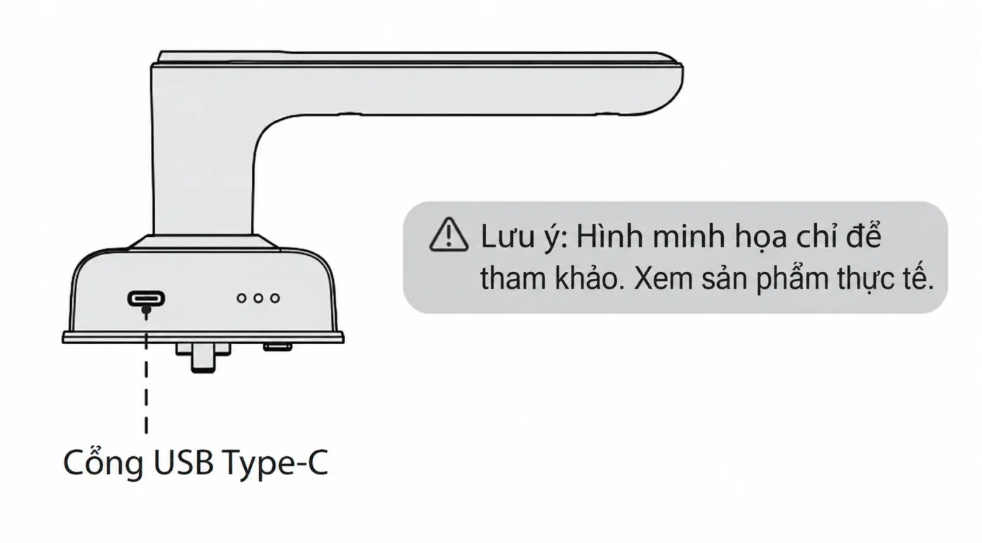 Cài đặt khóa Kaadas M7-W: Vân tay, mật khẩu và app 7 Vị trí cổng USB Type-C cấp nguồn khẩn cấp ở phía dưới mặt ngoài khóa Kaadas M7-W