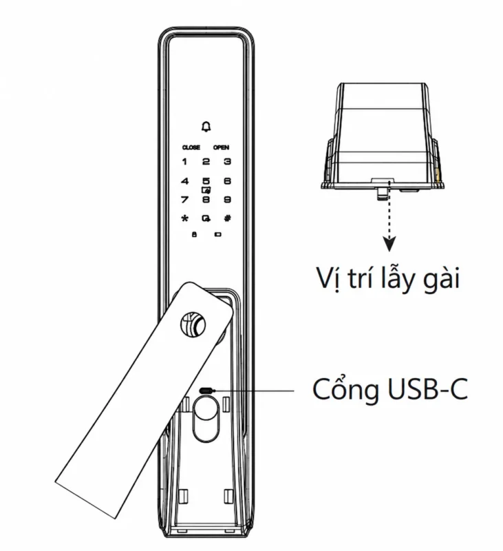 Cài đặt khóa Kaadas Q3: Vân tay, mật khẩu và thẻ từ 4 Vị trí lẫy gài và cổng USB-C dưới nắp che mặt ngoài khóa Kaadas Q3.