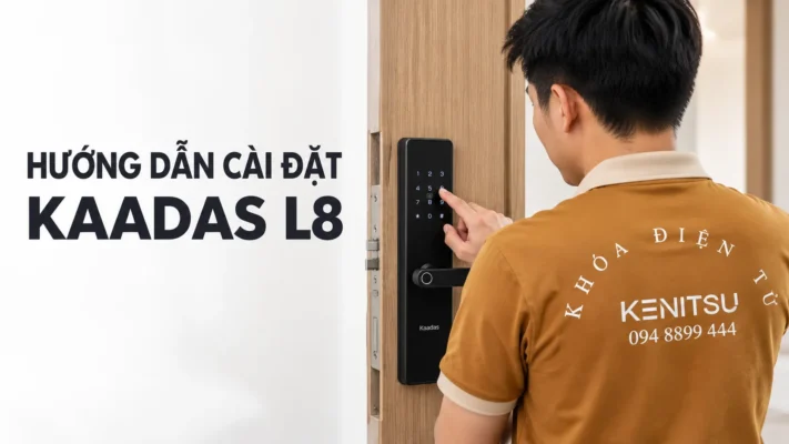 Nhân viên mặc đồng phục Kenitsu thao tác cài đặt khóa Kaadas L8 trên cửa gỗ.
