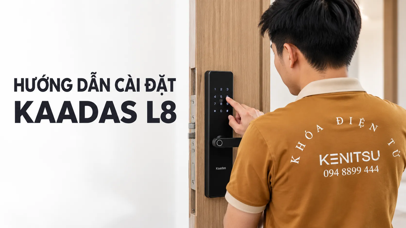 Nhân viên mặc đồng phục Kenitsu thao tác cài đặt khóa Kaadas L8 trên cửa gỗ.