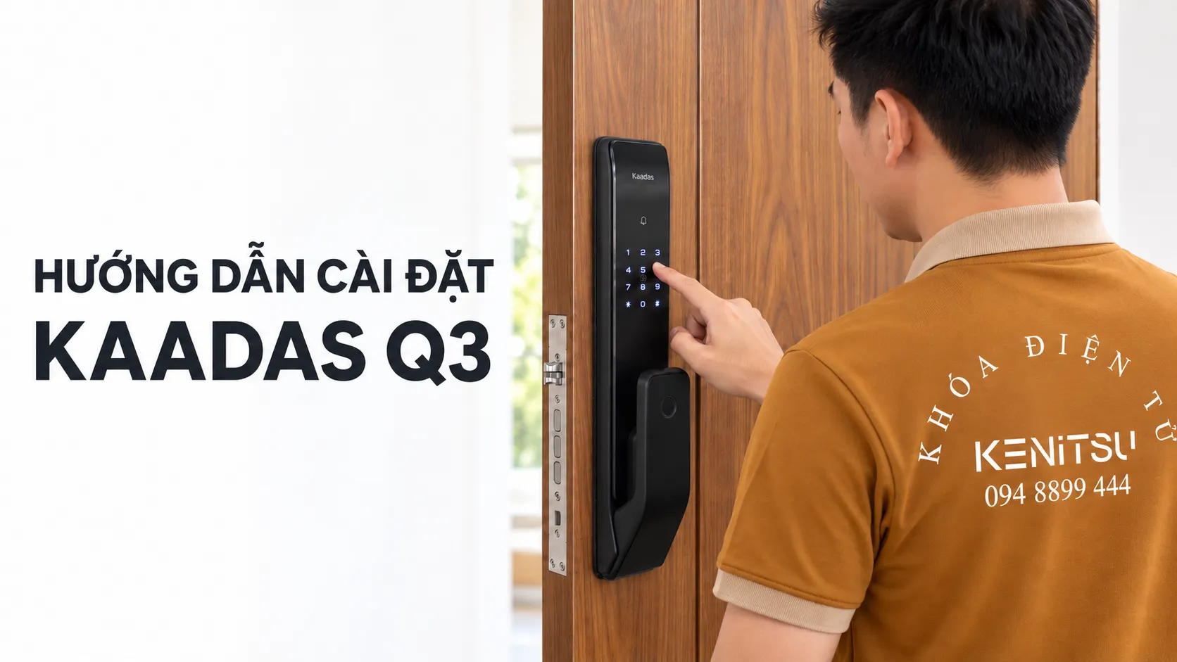 Nhân viên mặc đồng phục Kenitsu thao tác cài đặt khóa Kaadas Q3 trên cửa gỗ.