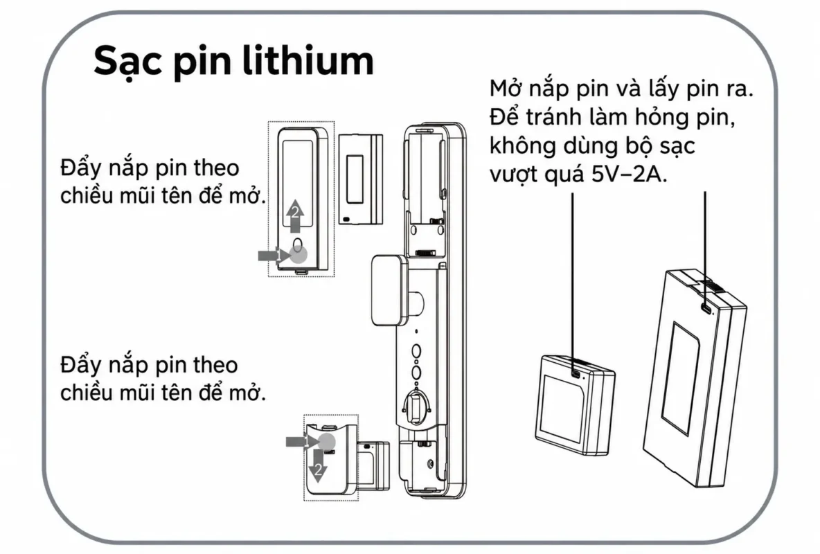 Hướng dẫn mở nắp, tháo pin lithium và vị trí cổng sạc pin khóa Bosch FU6 Plus.