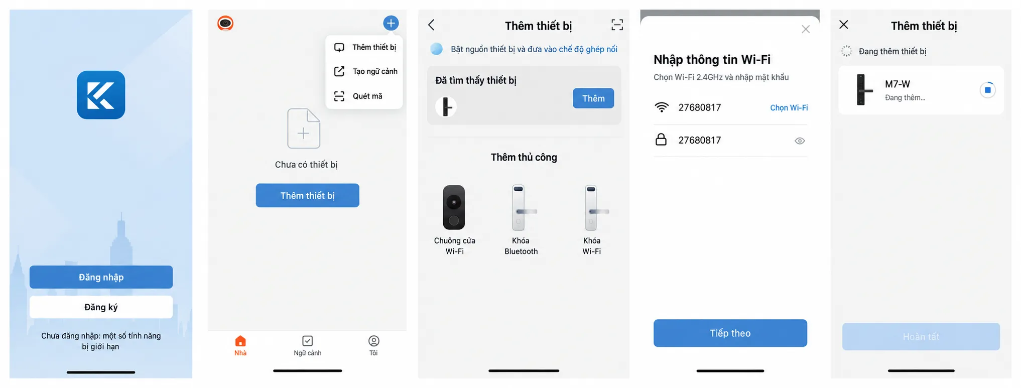 Cài đặt khóa Kaadas M7-W: Vân tay, mật khẩu và app 5 Các màn hình đăng nhập, thêm thiết bị và kết nối WiFi cho Kaadas M7-W trên ứng dụng Kaadas Lock