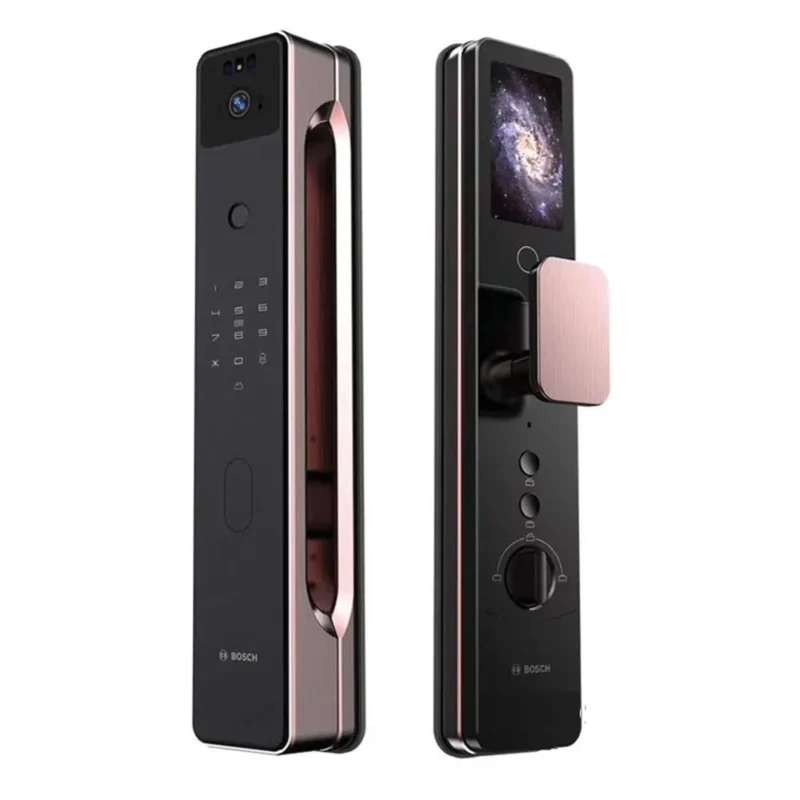 Hai mặt khóa Bosch FU8 Plus với bàn phím phía ngoài và màn hình phía trong.