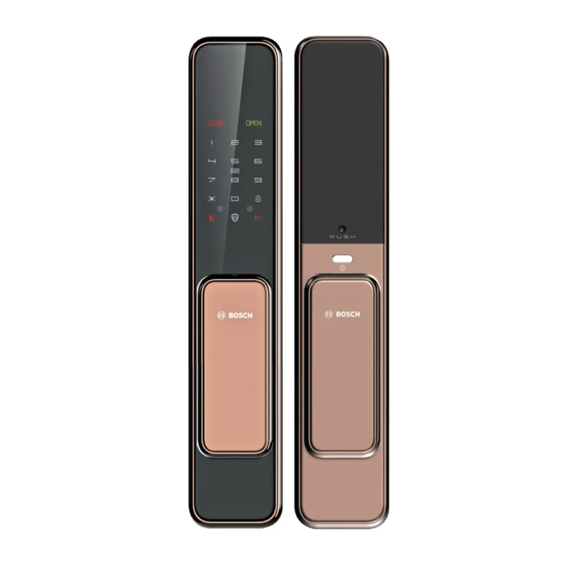 Mặt ngoài có bàn phím và mặt trong khóa Bosch EL600 màu đồng.