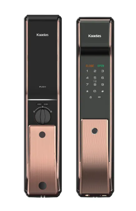 Cài đặt khóa Kaadas K9-5W: Hướng dẫn chi tiết 3 Mặt trong bên trái và mặt ngoài bên phải của khóa Kaadas K9-5W màu đồng.