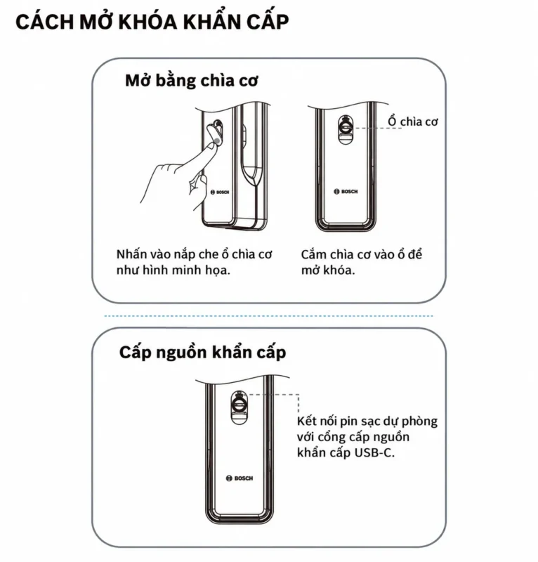 Hướng dẫn mở khóa Bosch FU8 Plus bằng chìa cơ và cấp nguồn khẩn cấp USB-C.