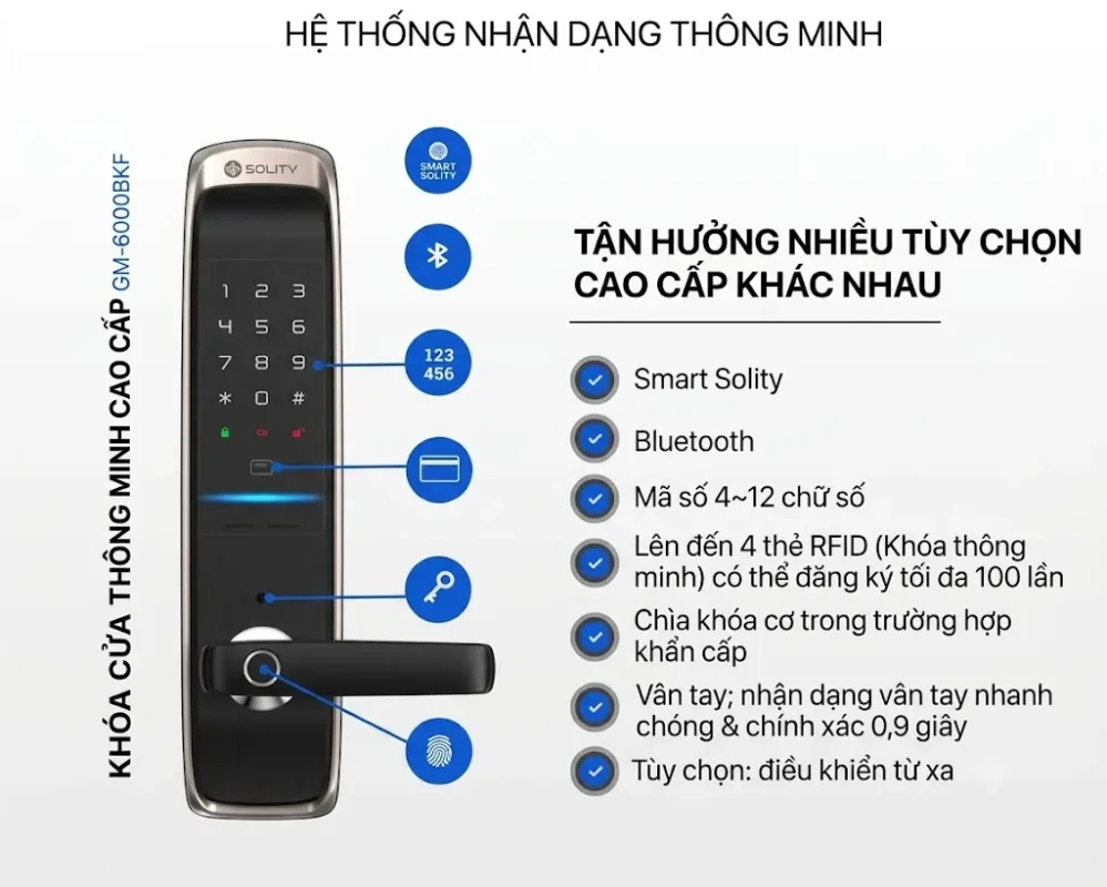 Cài đặt khóa Solity GM-6000BK: 7 mục dễ làm theo 2 Các phương thức mở khóa Solity GM-6000BK bằng mã số, thẻ từ, vân tay và chìa cơ