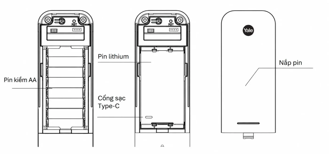 Khoang pin AA của Yale Luna Pro và bộ pin lithium có cổng sạc Type-C của Luna Pro+.