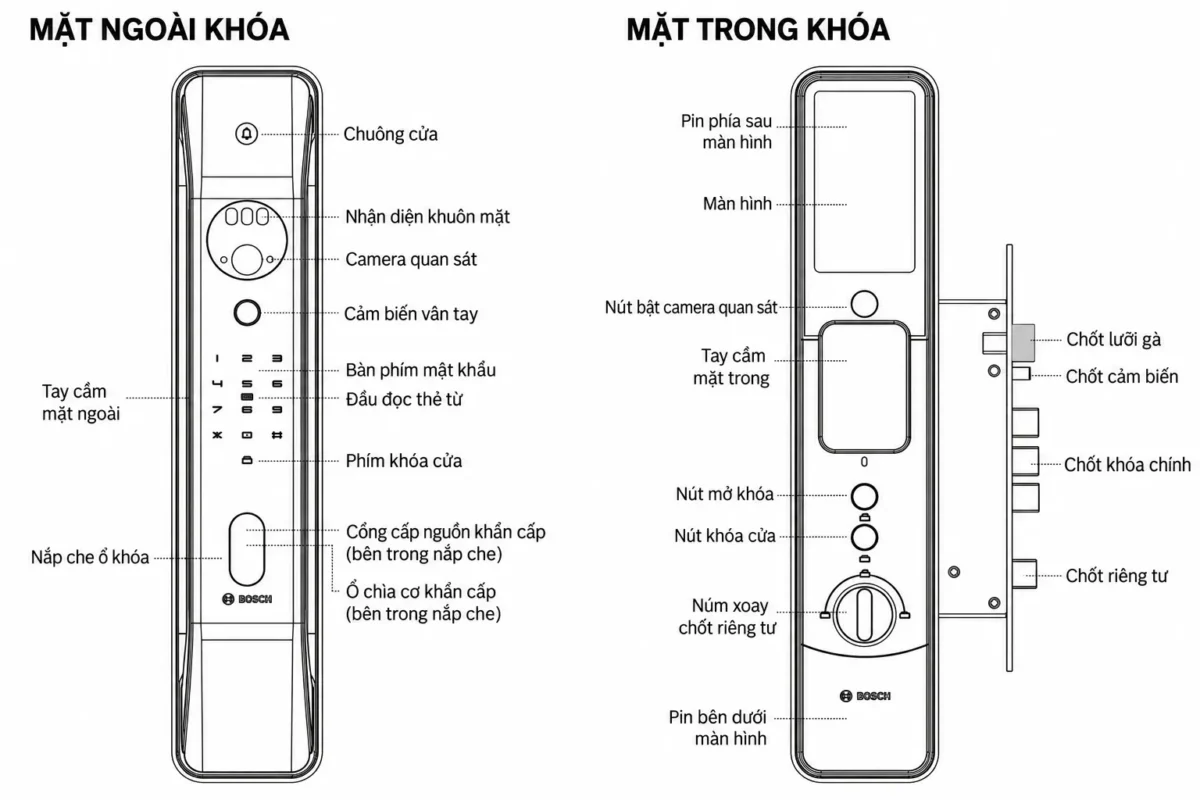 Sơ đồ các bộ phận khóa Bosch FU6 Plus, mặt ngoài bên trái và mặt trong bên phải.