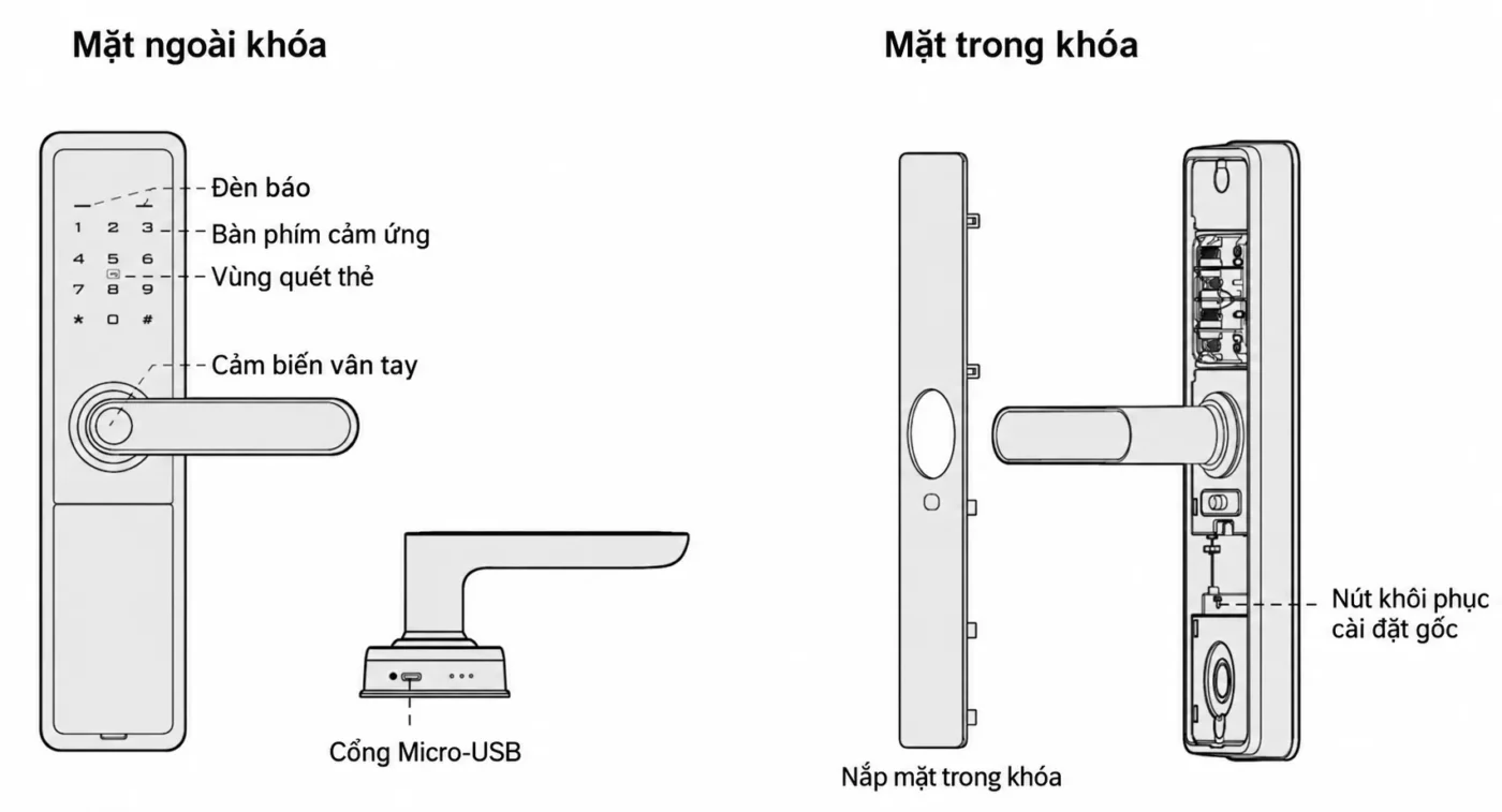 Cài đặt khóa Kaadas L8: Vân tay, mật khẩu và thẻ từ 2 Sơ đồ Kaadas L8 chỉ vị trí bàn phím, vùng quét thẻ, cảm biến vân tay, cổng Micro-USB và nút khôi phục cài đặt gốc.