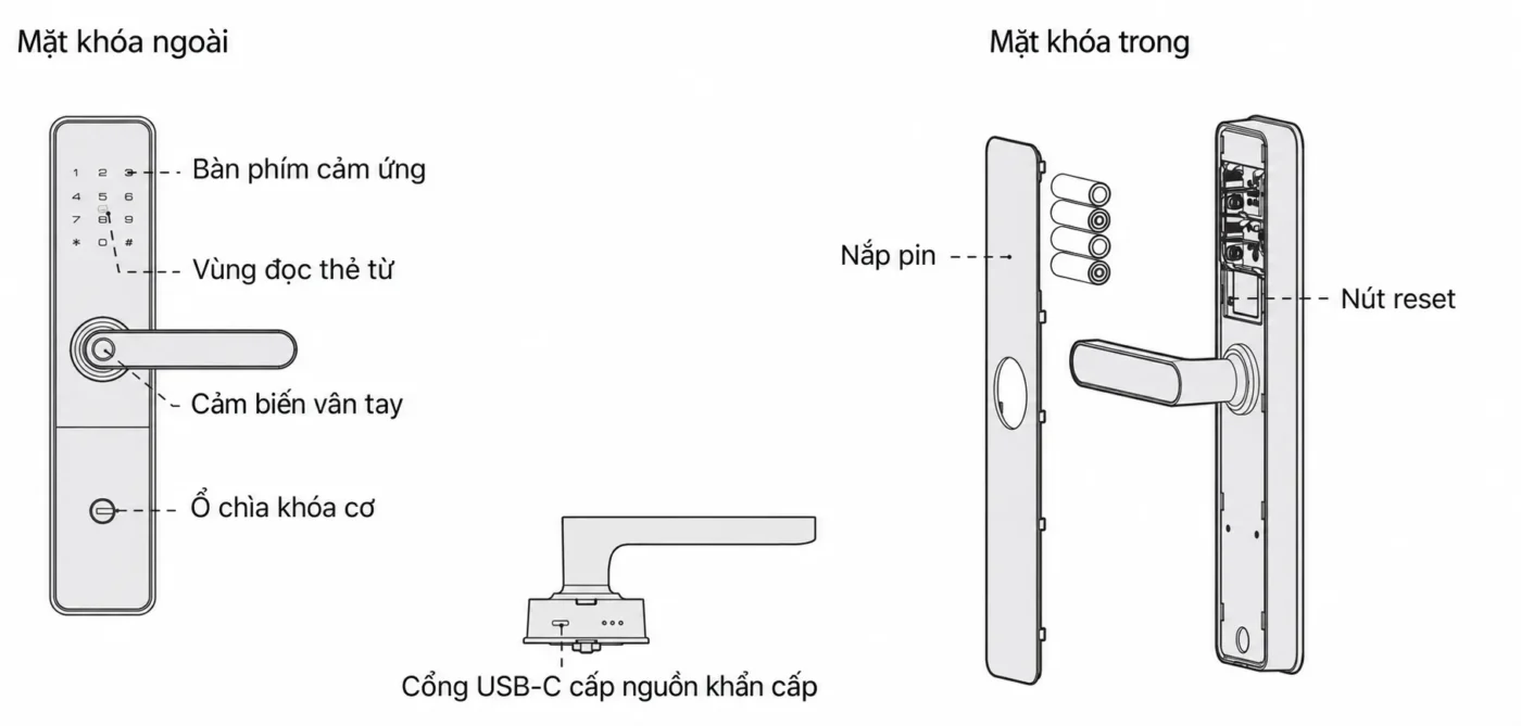 Cài đặt khóa Kaadas M5: 10 mục hướng dẫn dễ thực hiện 2 Sơ đồ bàn phím, cảm biến vân tay, vùng đọc thẻ, nút reset và cổng USB-C của khóa Kaadas M5.