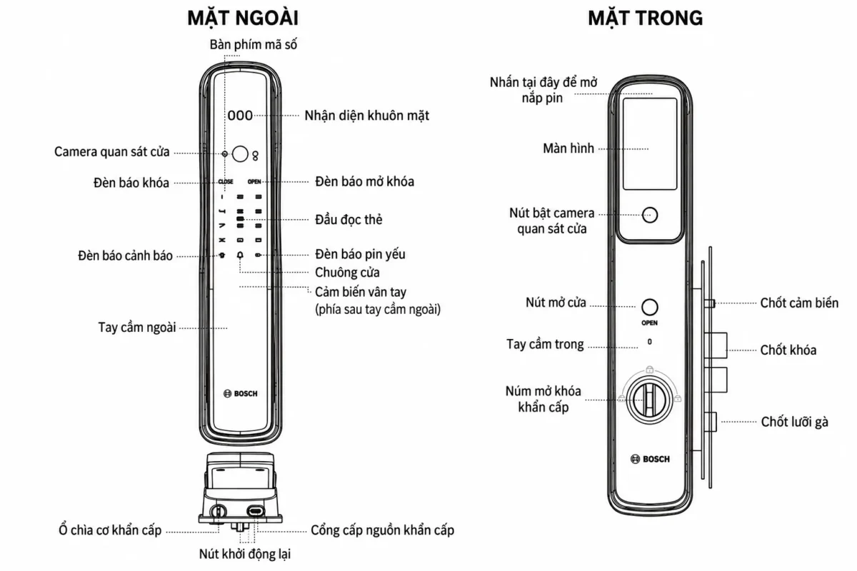 Sơ đồ các bộ phận mặt ngoài và mặt trong khóa Bosch EL800VF bằng tiếng Việt