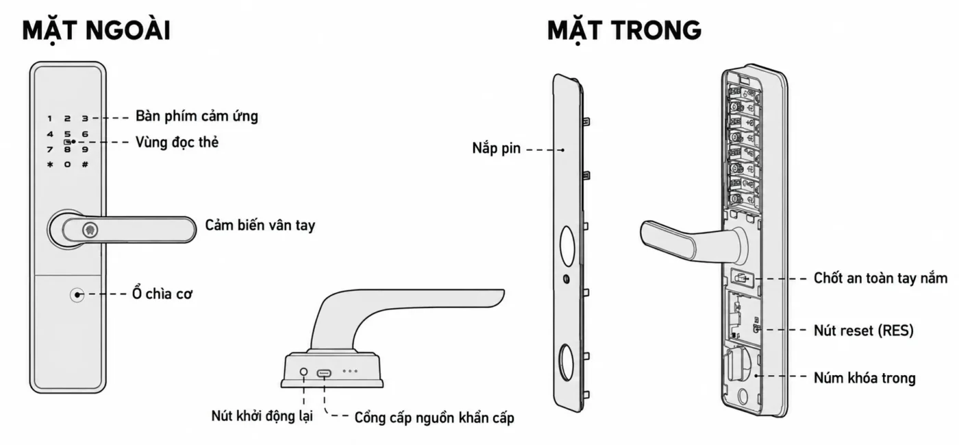 Cài đặt khóa Kaadas S500-5W: 9 mục hướng dẫn dễ làm 4 Sơ đồ vị trí nút reset, nắp pin, ổ chìa cơ và cổng cấp nguồn khẩn cấp trên khóa Kaadas S500-5W.