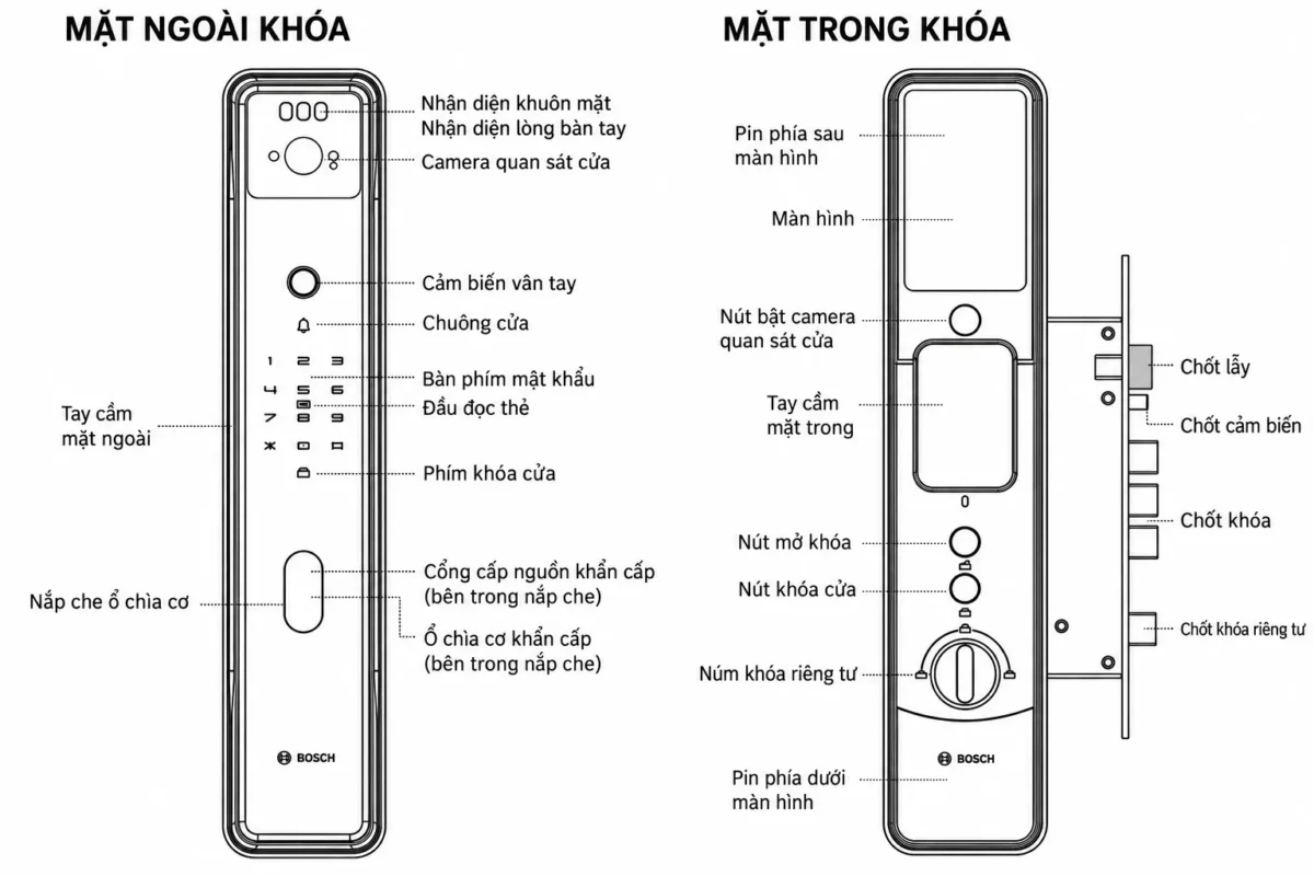 Sơ đồ mặt ngoài và mặt trong khóa Bosch FU8 Plus với chú thích tiếng Việt.