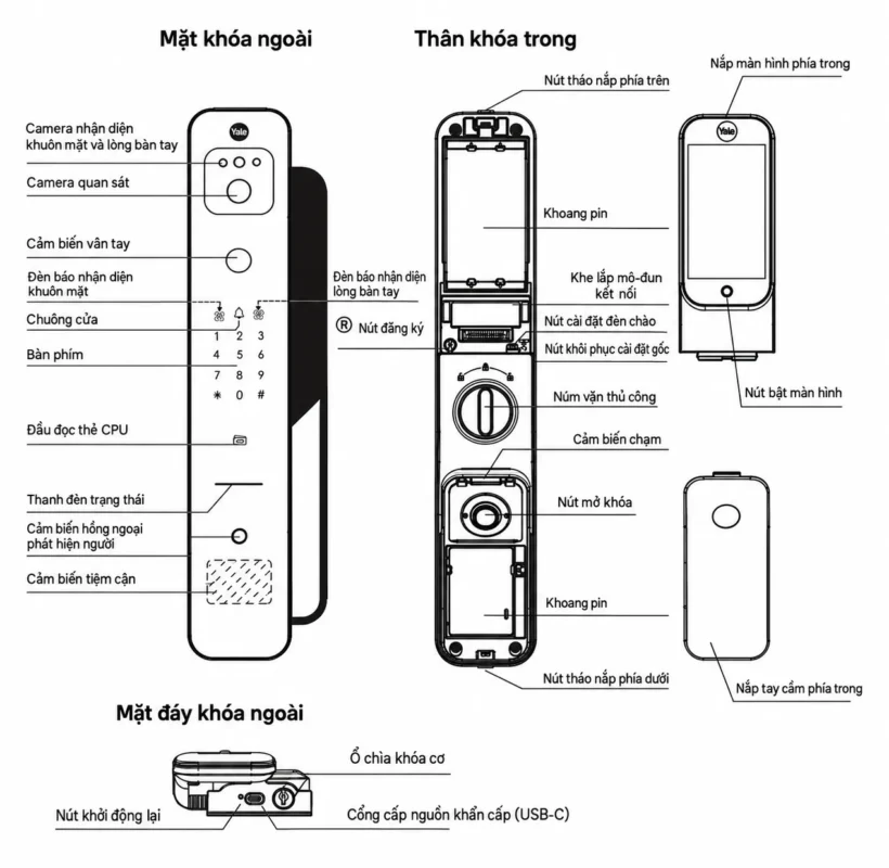 Cài đặt khóa Yale Luna Elite: Đổi mã, thêm vân tay 3 Sơ đồ cài đặt khóa Yale Luna Elite với nút R, nút RST, khoang pin và cổng nguồn khẩn cấp