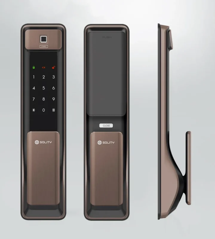 Mặt ngoài, mặt trong và góc cạnh của khóa Solity GSP-2000BK màu đồng.