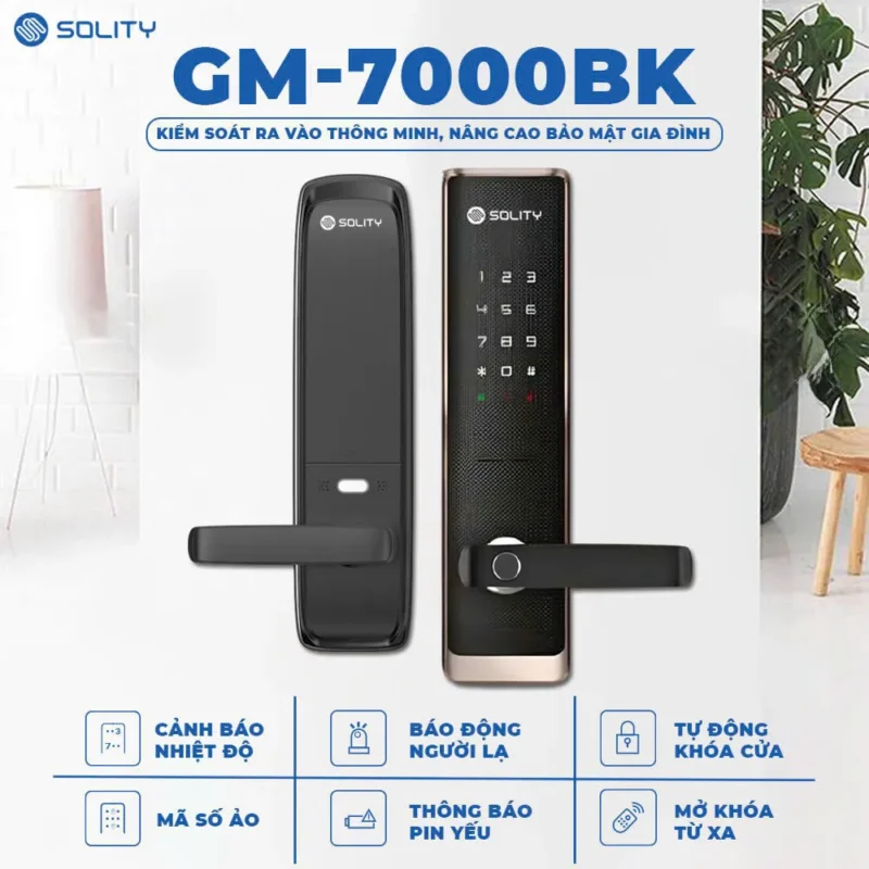 Hình giới thiệu Solity GM-7000BK với các tính năng tự khóa, mã số ảo và thông báo pin yếu.