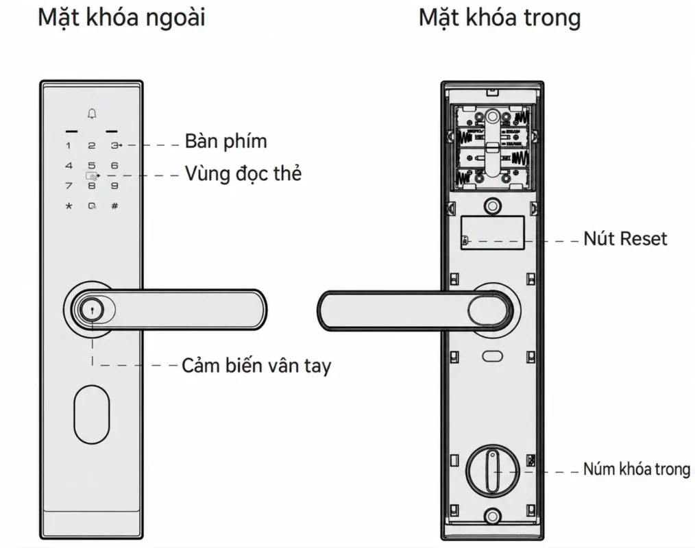 Cài đặt khóa Kaadas M7-W: Vân tay, mật khẩu và app 3 Sơ đồ bàn phím, vùng đọc thẻ, cảm biến vân tay, nút Reset và núm khóa trong Kaadas M7-W